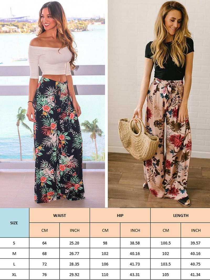 ECOWISH Wide Leg Pants for Women Summer 2024 Palazzo Tropical Floral Belted Casual Lightweight High Waist Flared Trousers with Pockets Navy Blue Medium - Image 3
